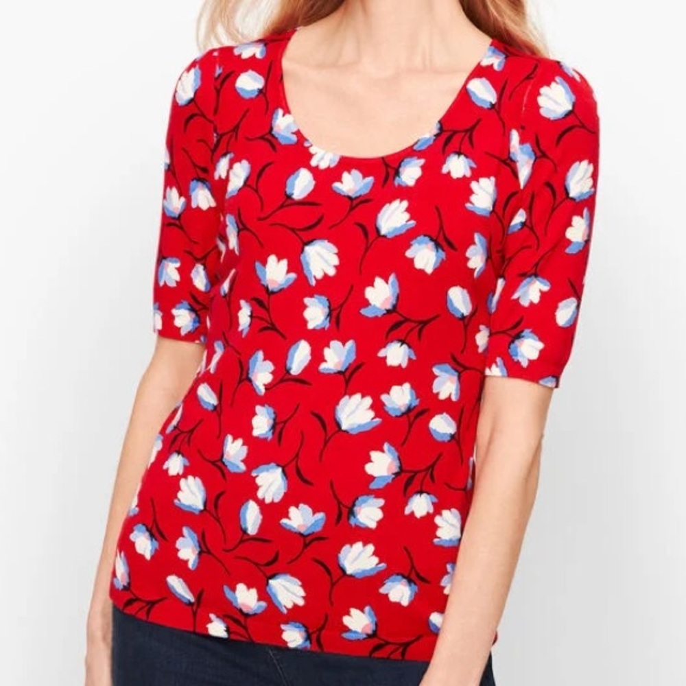 Talbots Red Floral, Elbow Length Puff Sleeve, Summer Sweater in XL (16-18)